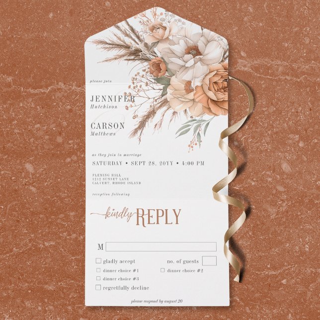 Boho Terracotta Peach & Cream Floral White Dinner All In One Invitation (Boho Terracotta Peach & Cream Floral White Dinner All In One Invitation)