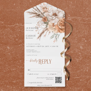 Boho Terracotta Peach & Cream Floral White QR Code All In One Invitation