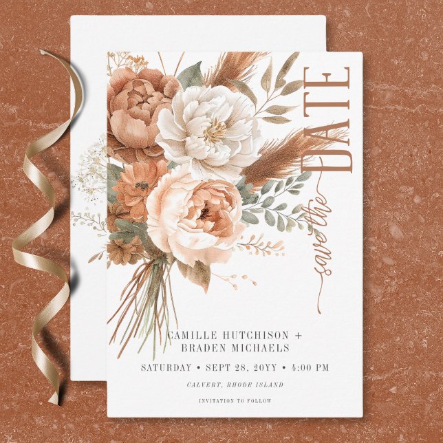 Boho Terracotta Peach & Cream Floral White Wedding Save The Date (Boho Terracotta Peach & Cream Floral White Wedding Save The Date)