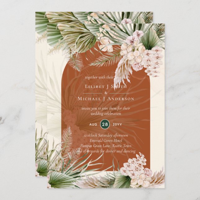 BOHO Terracotta Peach Pampas Grass Wedding Invitation (Front/Back)