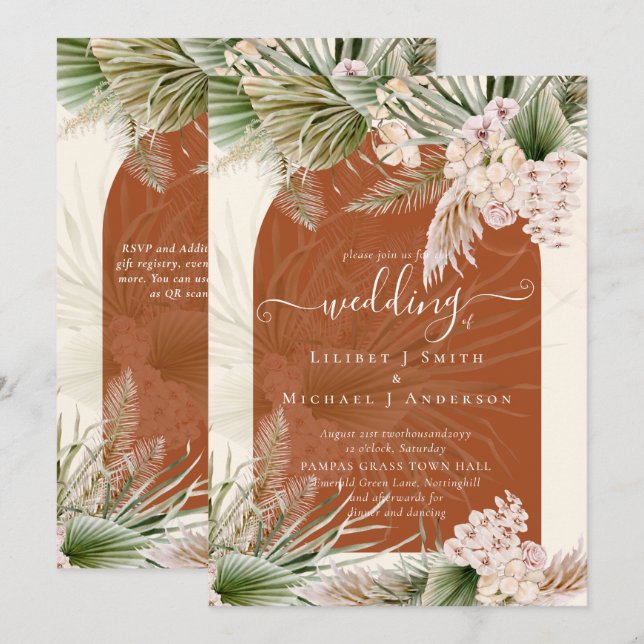 BOHO Terracotta Peach Pampas Grass Wedding Invitation (Front/Back)