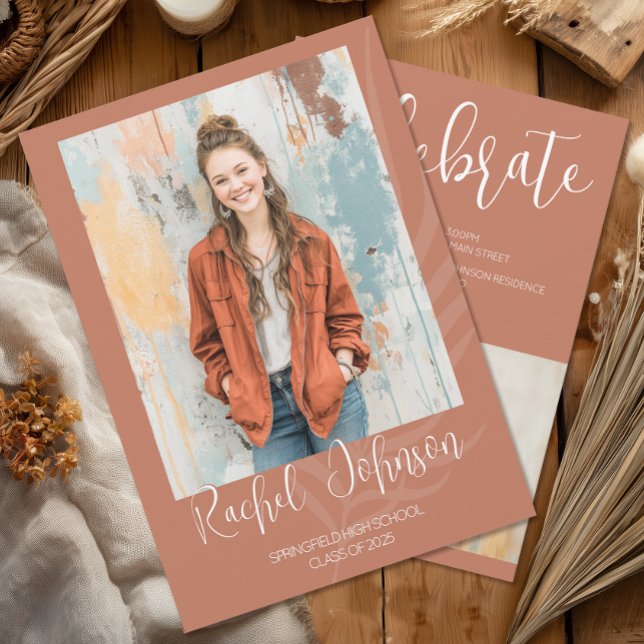 Boho Terracotta Photo Graduation Invitation (Boho Graduation Photo Invitation)