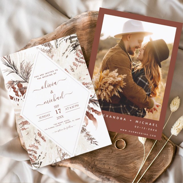 Boho Terracotta Photo Pampas Grass Wedding Invitation (Creator Uploaded)