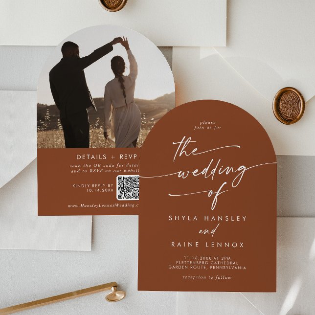 Boho Terracotta Photo QR Code Arch Wedding Invitation (Creator Uploaded)