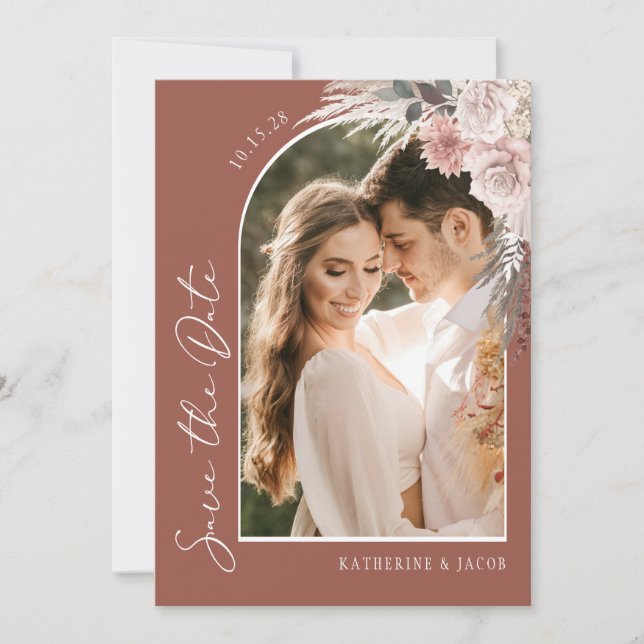 Boho Terracotta Photo Wedding Save The Date (Front)