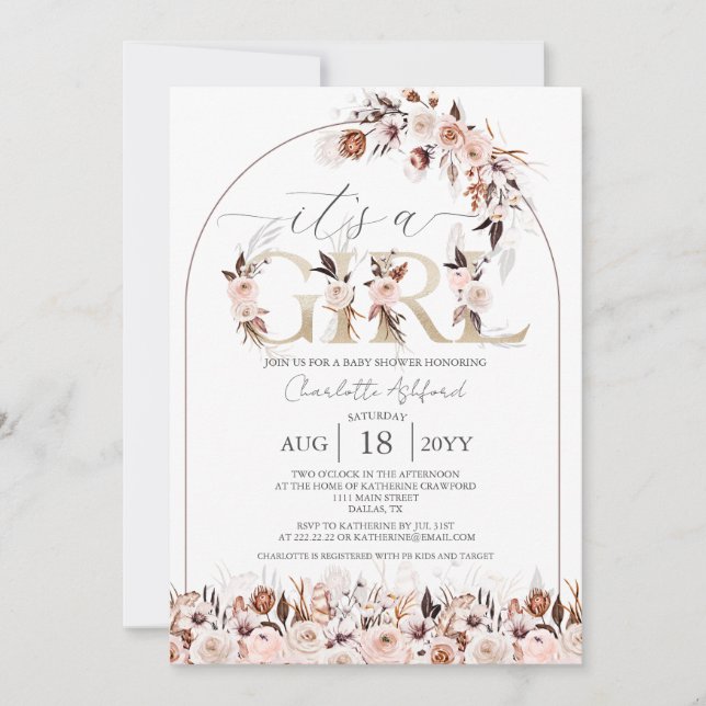 Boho Terracotta Pink Floral Girl Baby Shower Invitation (Front)
