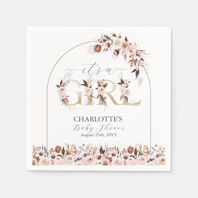 Boho Terracotta Pink Floral Girl Baby Shower Napkin (Front)