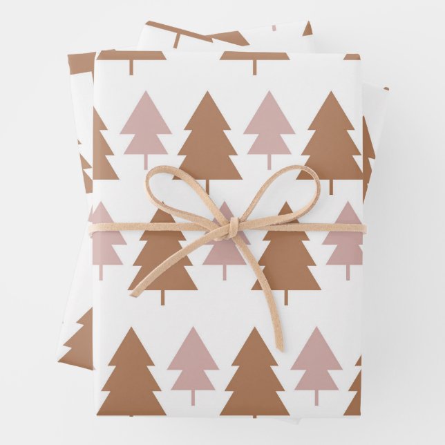 Boho Terracotta Pink White Christmas Trees Holiday Wrapping Paper Sheet (In situ)