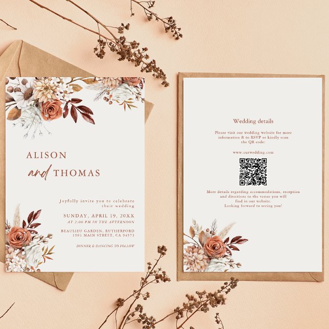 Boho Terracotta QR Code 2 in 1 Wedding Invitation (Creator Uploaded)