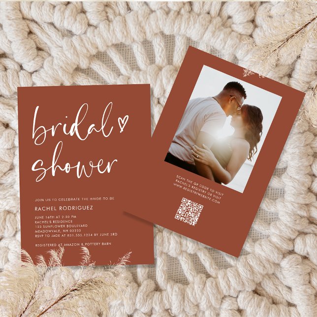 Boho Terracotta QR Code Script Bridal Shower  Invitation (Creator Uploaded)