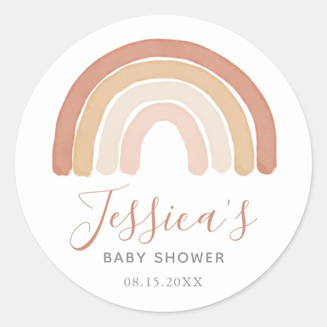 Boho Terracotta Rainbow Baby Shower Classic Round Sticker (Front)