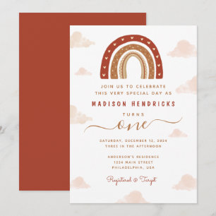 Boho Terracotta Rainbow Clouds 1st Birthday Invitation