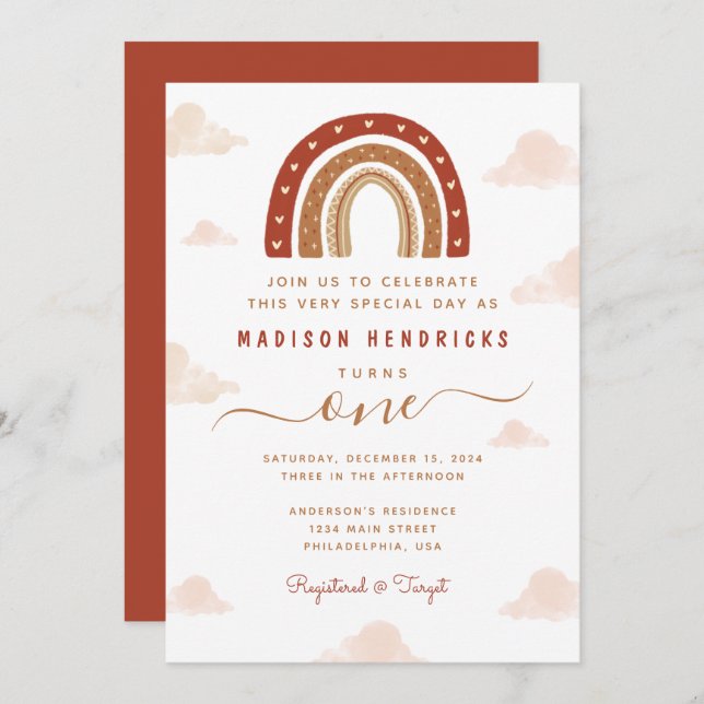 Boho Terracotta Rainbow Clouds 1st Birthday Invitation (Front/Back)