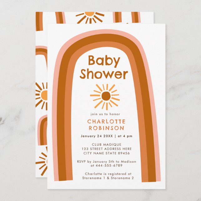 Boho Terracotta Rainbow Sun Baby Shower  Invitation (Front/Back)