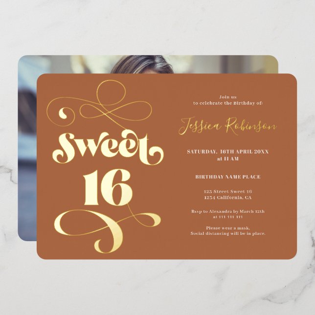 Boho terracotta retro script photo Sweet 16 (Front/Back)