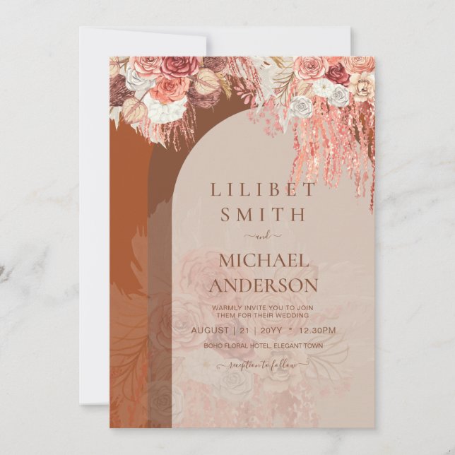 Boho Terracotta Rose Pampas Grass Floral Wedding (Front)