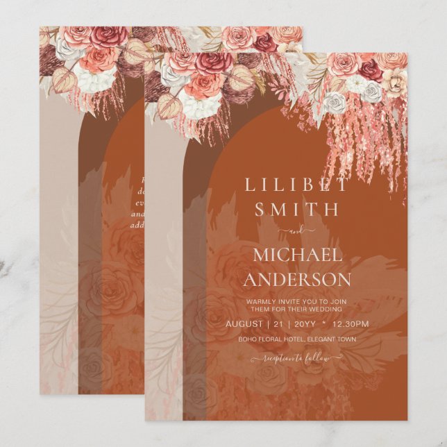 Boho Terracotta Rose Pampas Grass Floral Wedding (Front/Back)