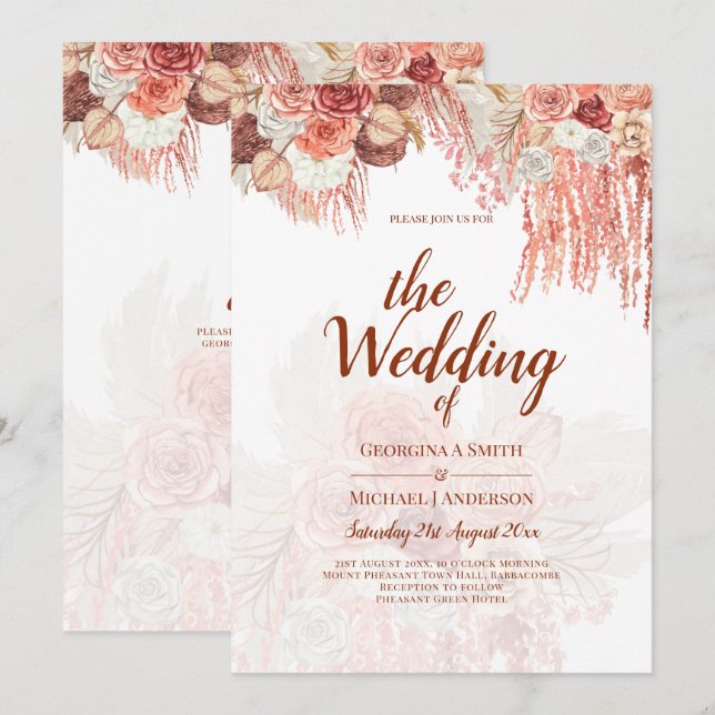 Boho Terracotta Rose Pampas Grass Floral Wedding Invitation (Front/Back)