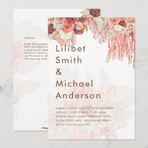 Boho Terracotta Rose Pampas Grass Floral Wedding Invitation