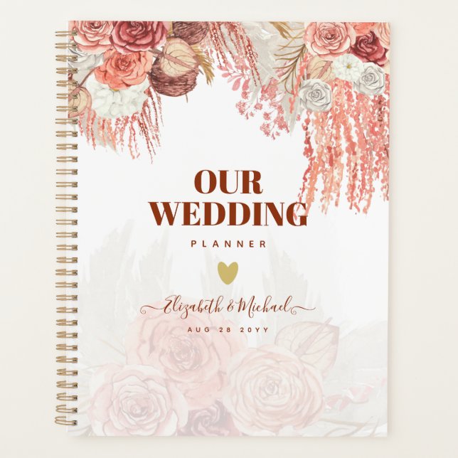 Boho Terracotta Rose Pampas Grass Floral Wedding Planner (Front)