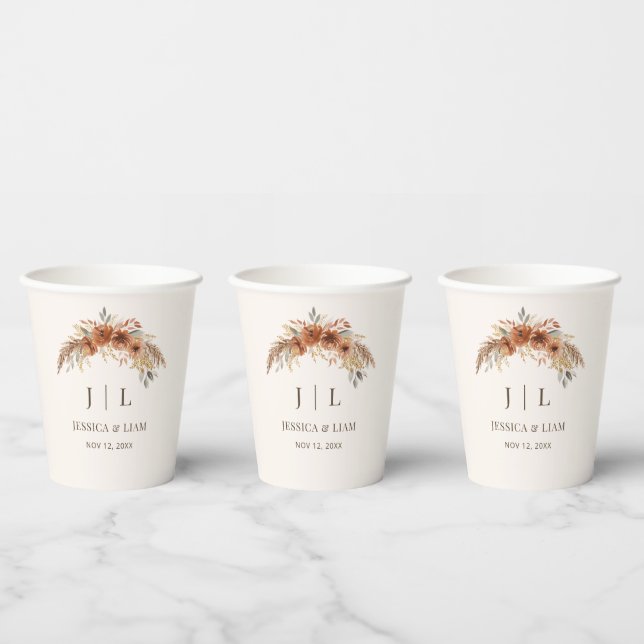 Boho Terracotta Rust Fall Floral Wedding  Paper Cups (Multi)