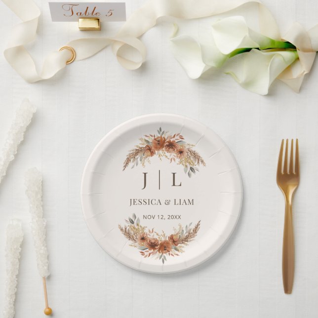 Boho Terracotta Rust Fall Floral Wedding  Paper Plate (Wedding)