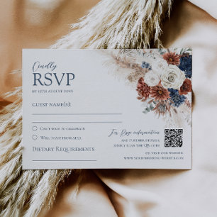 Boho Terracotta Rust Navy Floral Wedding RSVP Card
