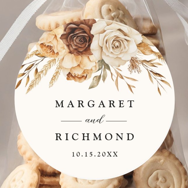 Boho Terracotta Rustic Floral Wedding Classic Round Sticker (Creator Uploaded)