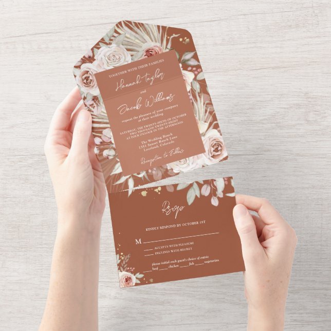 Boho Terracotta Rustic Floral with RSVP Wedding All In One Invitation (Tearaway)