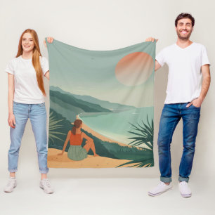 Boho Terracotta Sage Coastal Bay Sunset Landscape Fleece Blanket