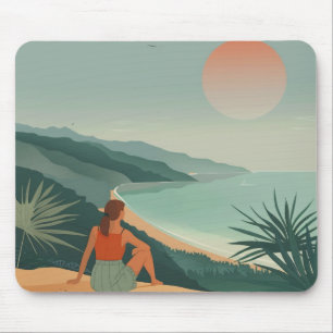 Boho Terracotta Sage Coastal Bay Sunset Landscape Mouse Mat