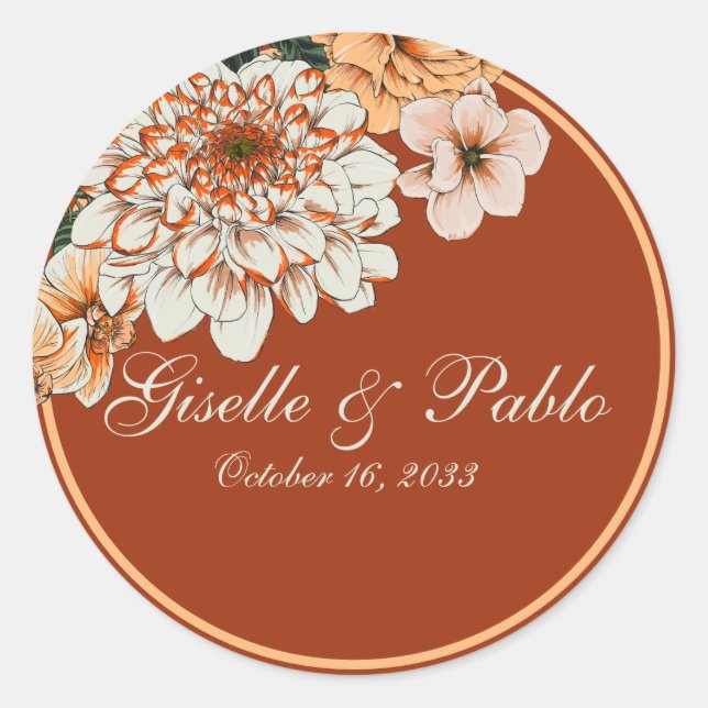 Boho Terracotta Sage Fall Floral Wedding  Classic Round Sticker (Front)