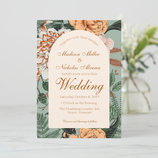 Boho Terracotta Sage Floral Arch Monogram Wedding Invitation (Standing Front)