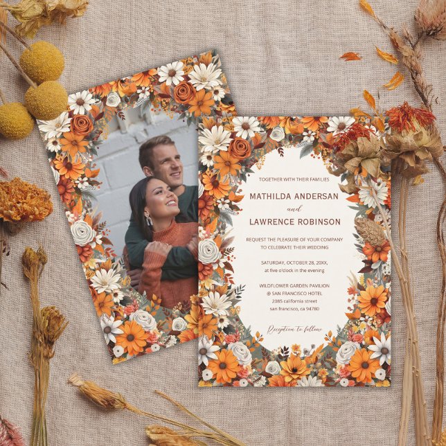 Boho Terracotta Sage Floral Photo Fall Wedding Invitation (Boho Burnt Orange Terracota Sage Foliage Floral Photo Fall Wedding Invitation)