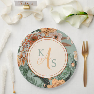 Boho Terracotta Sage Monogram Fall Wedding Paper Plate