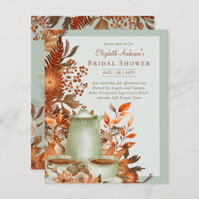 Boho Terracotta Sage Tea Party Baby Bridal Shower (Front/Back)