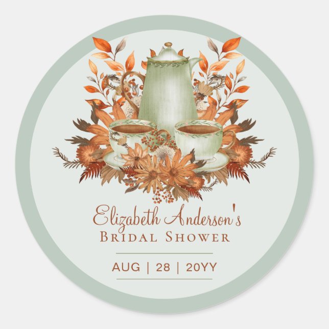 Boho Terracotta Sage Tea Party Baby Bridal Shower Classic Round Sticker (Front)