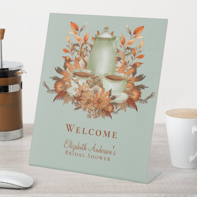 Boho Terracotta Sage Tea Party Baby Bridal Shower Pedestal Sign (In SItu)