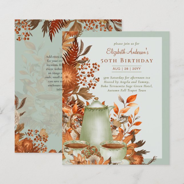 Boho Terracotta Sage Tea Party Floral Birthday (Front/Back)