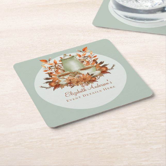 Boho Terracotta Sage Tea Party Floral Event Dinner Square Paper Coaster (Angled)