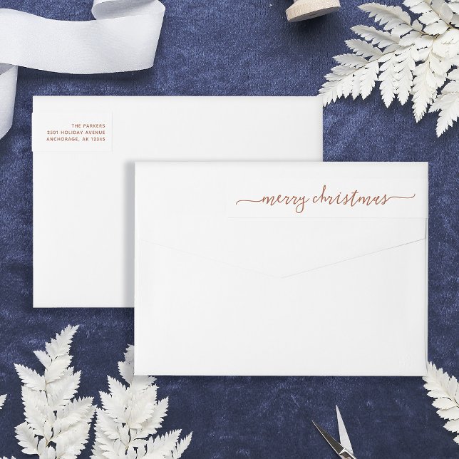 Boho Terracotta Script | Merry Christmas Address Wrap Around Label (Stylish and elegant wrap-around return address labels for Christmas)