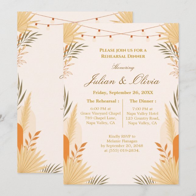 Boho Terracotta String Lights Rehearsal Dinner Invitation (Front/Back)