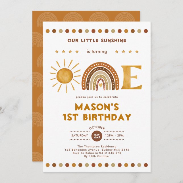 Boho Terracotta Sunshine Rainbow 1st Birthday Invitation (Front/Back)