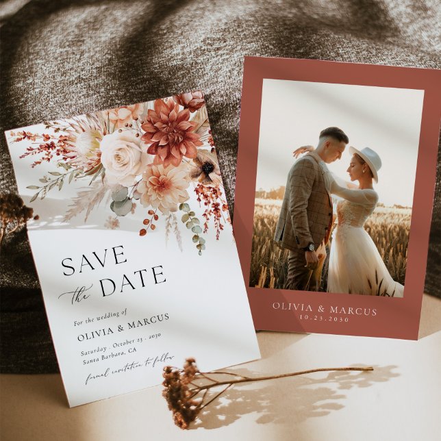 Boho Terracotta Taupe Floral Elegant Wedding Save The Date (Creator Uploaded)