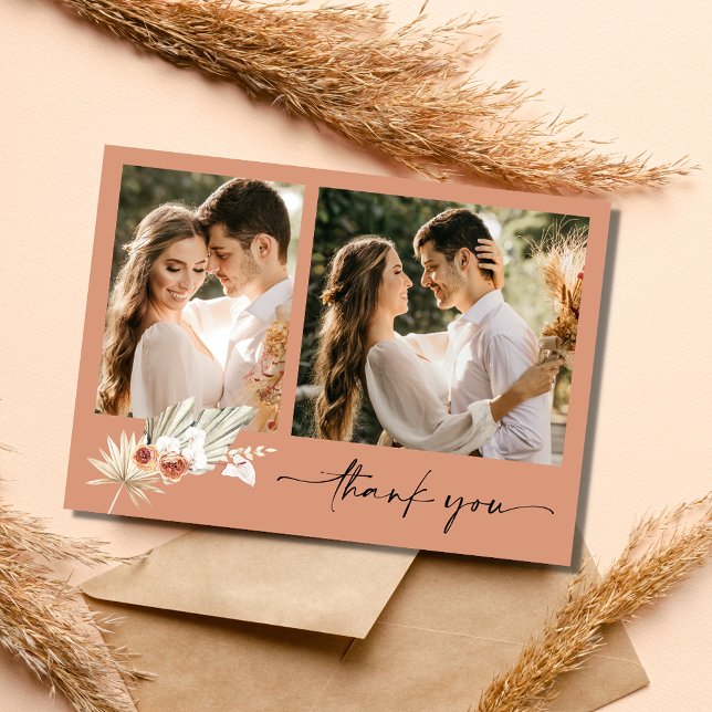Boho Terracotta Two Photo Wedding Thank You  Card (Boho Terracotta Two Photo Wedding Thank You Card)