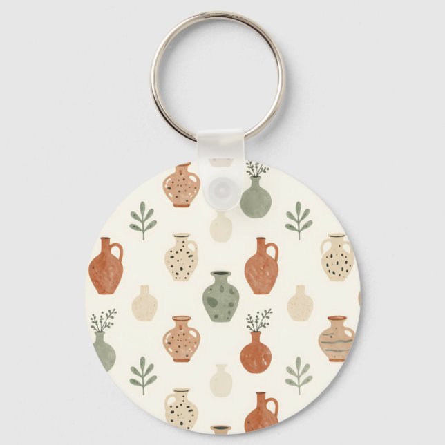 Boho Terracotta Vases Botanical Pattern Key Ring (Front)