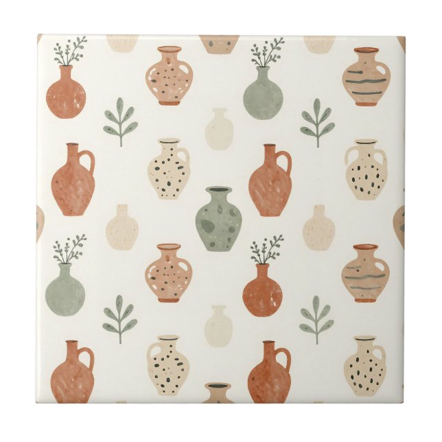 Boho Terracotta Vases Botanical Pattern Tile (Front)