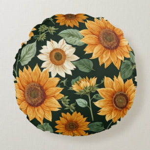 Boho Terracotta Vintage Sunflower Pattern Round Cushion