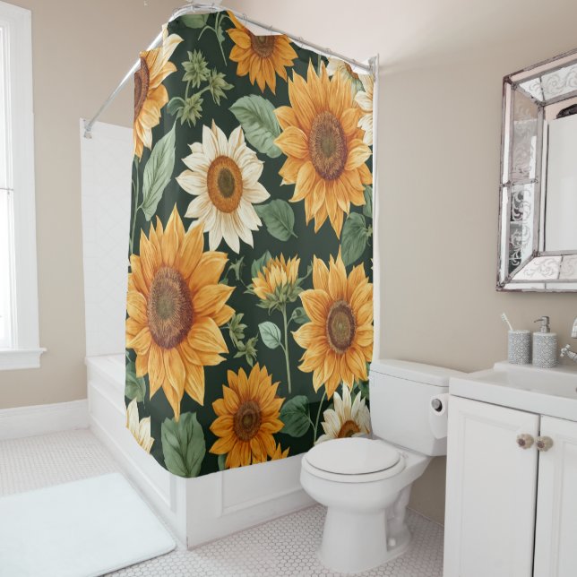 Boho Terracotta Vintage Sunflower Pattern Shower Curtain (In Situ)