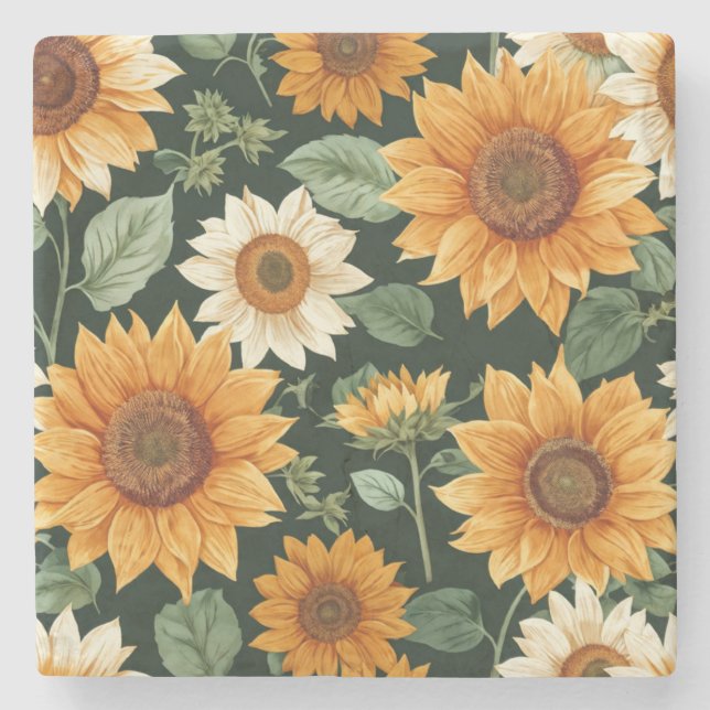 Boho Terracotta Vintage Sunflower Pattern Stone Coaster (Front)